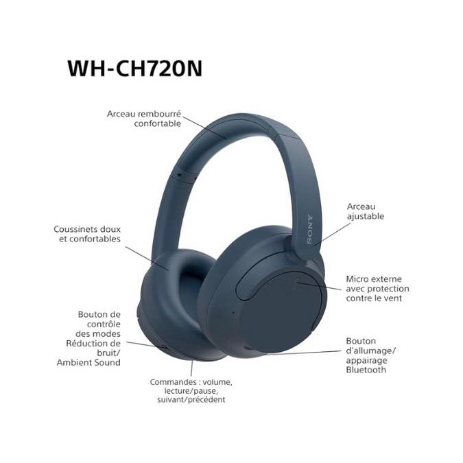 Sony WH-CH720N - Casque Bluetooth sans Fil à réduction de Bruit - Micro intégré - jusqu'à 35 Heures d'autonomie et Charge Rapide - Bleu – Image 9