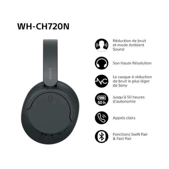 Sony WH-CH720N - Casque Bluetooth sans Fil à réduction de Bruit - Micro intégré - jusqu'à 35 Heures d'autonomie et Charge Rapide - Noir – Image 2