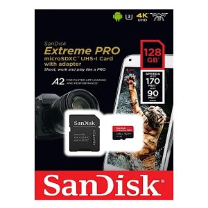Carte Mémoire microSDXC SanDisk 128 GO Extreme PRO + Adaptateur SD avec Performances Applicatives A2 jusqu'à 170 Mo/s, Classe 10, U3, V30
