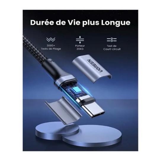 Câble de chargeur USB-C vers USB-C 100 W 5 A (nylon tressé) - longueur : 50cm -Charge rapide pour ordinateur, iphone 15 16, Samsung, Huawei, UGREEN US316 20478 – Image 3