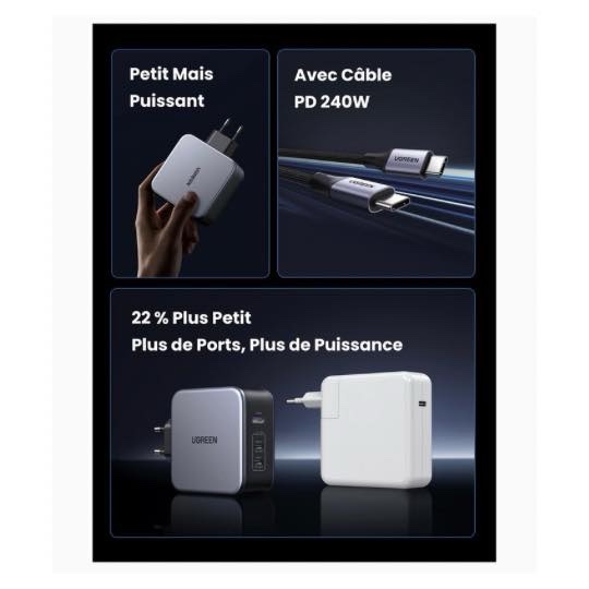 UGREEN Nexode 140W PD 3.1 Chargeur USB C Rapide 3 Ports, 240W Câble USB C Inclus
- UGREEN CD289 90549 – Image 6