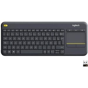 Logitech K400 Plus Clavier Sans Fil Touch TV Avec Contrôle Média et Pavé Tactile, Clavier HTPC pour PC connectés TV, Windows, Android, Chrome OS, Ordinateur Portable, Clavier Belge AZERTY - Noir