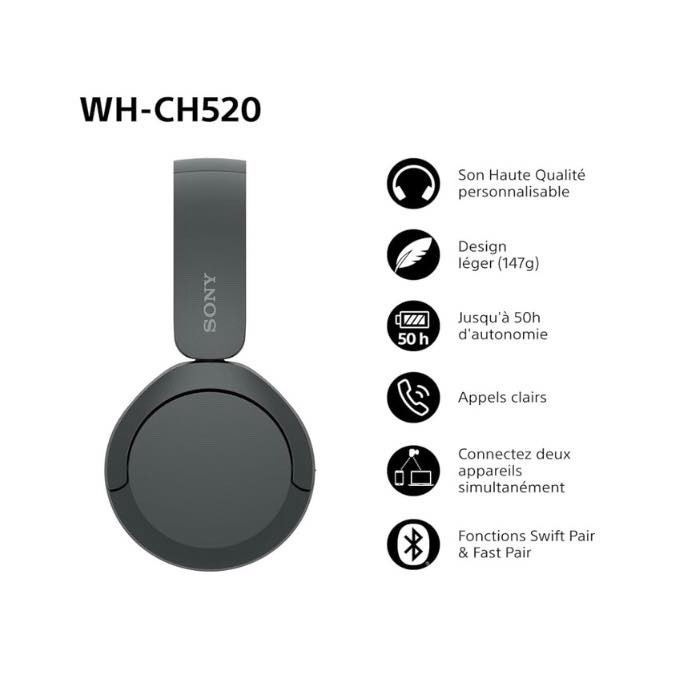 Sony WH-CH520 - Casque Bluetooth sans Fil, Multipoint, Micro intégré - jusqu'à 50 Heures d'autonomie et Charge Rapide - Noir – Image 2