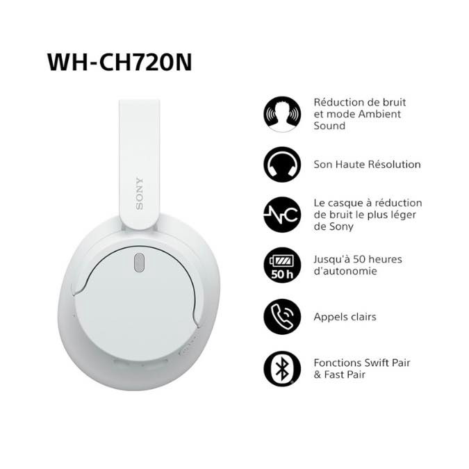 Sony WH-CH720N - Casque Bluetooth sans Fil à réduction de Bruit - Micro intégré - jusqu'à 35 Heures d'autonomie et Charge Rapide - Blanc – Image 2