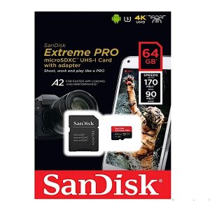 Carte Mémoire microSDXC SanDisk 64 GO Extreme PRO + Adaptateur SD avec Performances Applicatives A2 jusqu'à 170 Mo/s, Classe 10, U3, V30