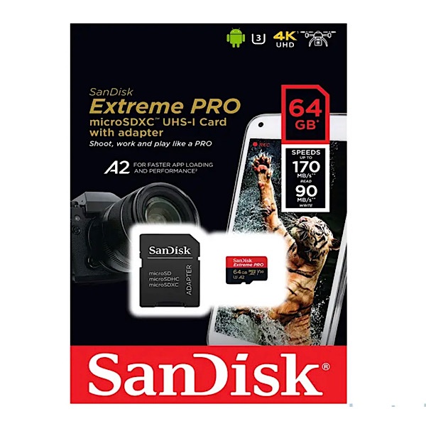 Carte Mémoire microSDXC SanDisk 64 GO Extreme PRO + Adaptateur SD avec Performances Applicatives A2 jusqu'à 170 Mo/s, Classe 10, U3, V30