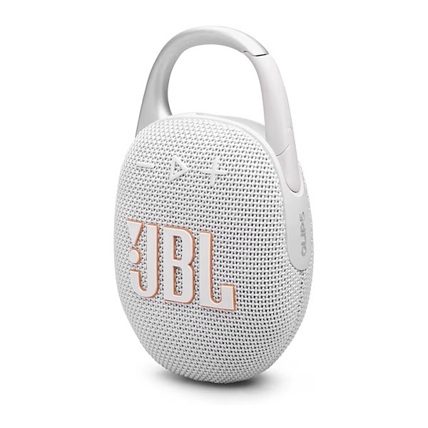 JBL Clip 5 - Enceinte Bluetooth ultra-portable, mousqueton intégré, son JBL Pro, basses percutantes, 12 heures d'autonomie, fonction Playtime Boost, résistante à l'eau et à la poussière IP67, Blanc