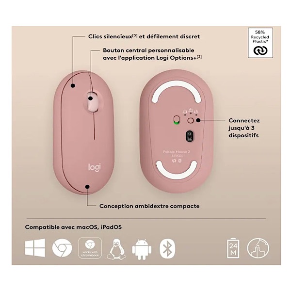 Logitech Pebble Mouse 2 M350s - Souris Bluetooth sans Fil, Portable, légère, Boutons Personnalisables, clics discrets, Easy-Switch Windows/macOS/iPadOS/Android/ChromeOS - Rose – Image 5