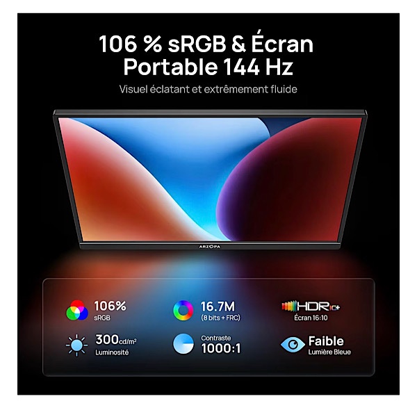 ARZOPA Z1FC - Écran Portable 16,1" 144 Hz avec béquille, 100% sRGB 1920 × 1080P FHD HDR 144 Hz, Ultra Fin-Protection des Yeux-Deuxième écran Externe pour Ordinateur portable/PC/Mac/PS3/4/5/Xbox – Image 2