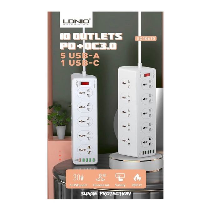 LDNIO SC10610 2500W Multiprise Electrique, Prise Multiple 200cm, Multiprise Parafoudre avec Protection Contre les Surtensions et Interrupteur - 10 prises AC avec port USB et USB-C – Image 4