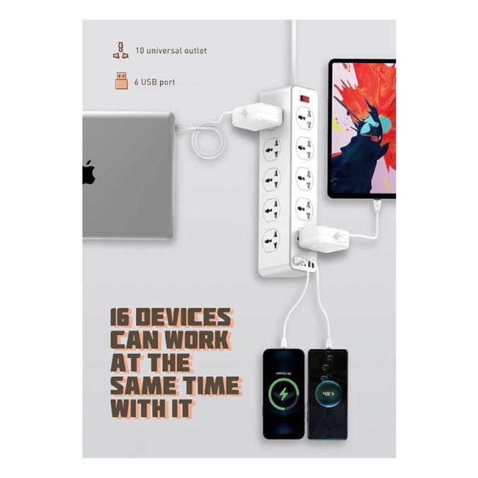 LDNIO SC10610 2500W Multiprise Electrique, Prise Multiple 200cm, Multiprise Parafoudre avec Protection Contre les Surtensions et Interrupteur - 10 prises AC avec port USB et USB-C – Image 8