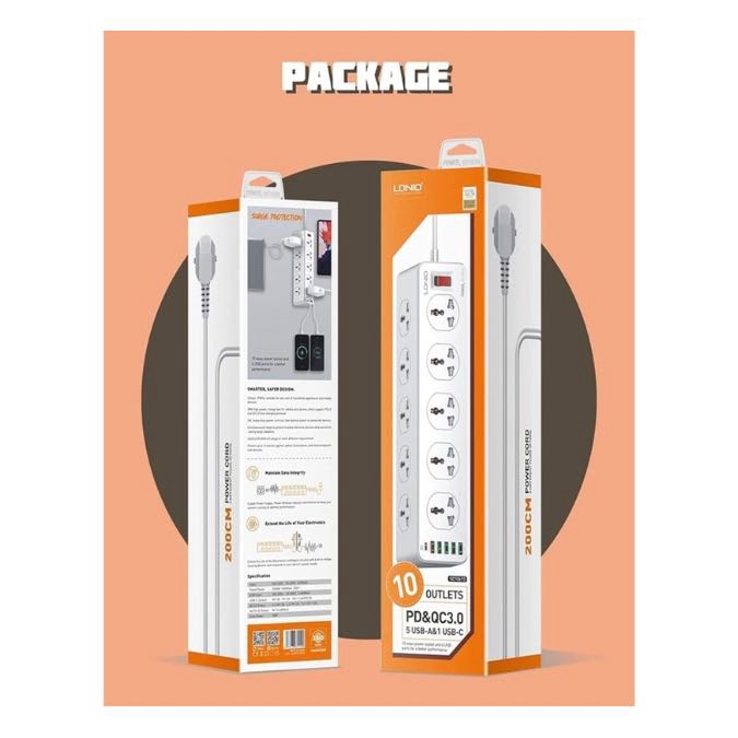 LDNIO SC10610 2500W Multiprise Electrique, Prise Multiple 200cm, Multiprise Parafoudre avec Protection Contre les Surtensions et Interrupteur - 10 prises AC avec port USB et USB-C – Image 10