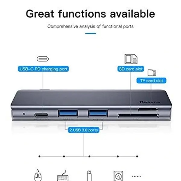 Baseus Harmonica 5en1 USB 3.0 x 2 + SD + TF + HUB USB-C / Type C PD Smart adaptateur – Image 3