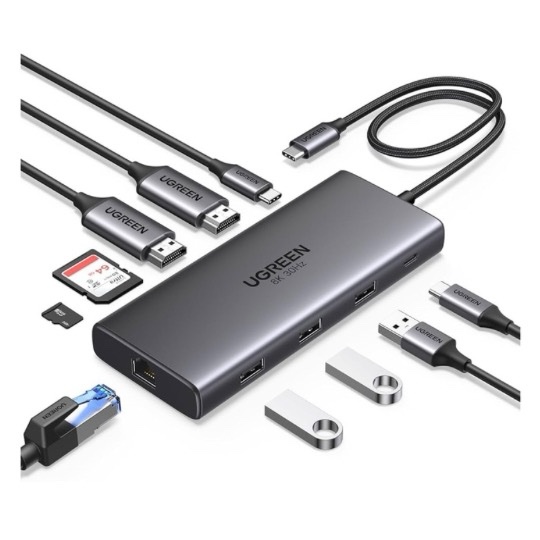HUB 10 en 1 - Adaptateur USB-C (Type C) vers USB 2.0 x 2, USB 3.0 x 1, USB-C x 1, USB-C Charge 100W, HDMI 1 8K 30Hz, HDMI 2 4K 60hz, Lecteur SD / Micro SD, RJ45 Gigabit - Repartiteur , Switch HDMI Dock station UGREEN CM639 15534