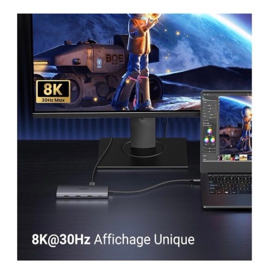 HUB 10 en 1 - Adaptateur USB-C (Type C) vers USB 2.0 x 2, USB 3.0 x 1, USB-C x 1, USB-C Charge 100W, HDMI 1 8K 30Hz, HDMI 2 4K 60hz, Lecteur SD / Micro SD, RJ45 Gigabit - Repartiteur , Switch HDMI Dock station UGREEN CM639 15534 – Image 4
