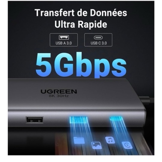 HUB 10 en 1 - Adaptateur USB-C (Type C) vers USB 2.0 x 2, USB 3.0 x 1, USB-C x 1, USB-C Charge 100W, HDMI 1 8K 30Hz, HDMI 2 4K 60hz, Lecteur SD / Micro SD, RJ45 Gigabit - Repartiteur , Switch HDMI Dock station UGREEN CM639 15534 – Image 6