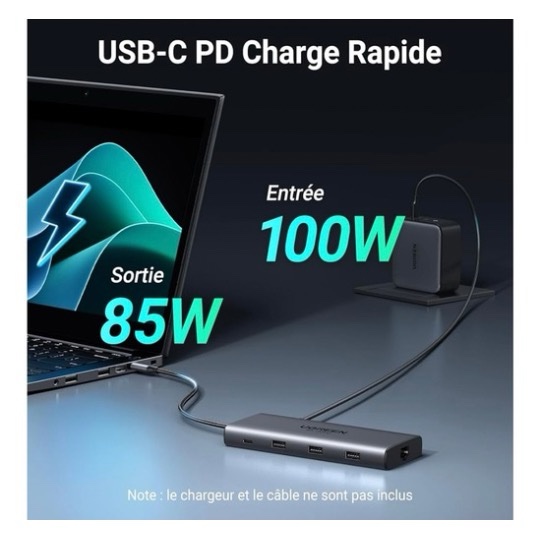 HUB 10 en 1 - Adaptateur USB-C (Type C) vers USB 2.0 x 2, USB 3.0 x 1, USB-C x 1, USB-C Charge 100W, HDMI 1 8K 30Hz, HDMI 2 4K 60hz, Lecteur SD / Micro SD, RJ45 Gigabit - Repartiteur , Switch HDMI Dock station UGREEN CM639 15534 – Image 7