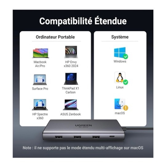HUB 10 en 1 - Adaptateur USB-C (Type C) vers USB 2.0 x 2, USB 3.0 x 1, USB-C x 1, USB-C Charge 100W, HDMI 1 8K 30Hz, HDMI 2 4K 60hz, Lecteur SD / Micro SD, RJ45 Gigabit - Repartiteur , Switch HDMI Dock station UGREEN CM639 15534 – Image 8