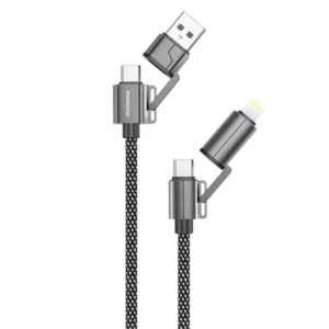 Câble tressé Porodo 4 en 1 PD 60W Charge Rapide - USB-C - Lightning - USB-A - 1,2 mètres - Noir