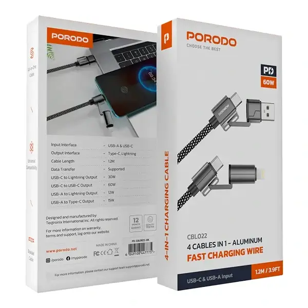 Câble tressé Porodo 4 en 1 PD 60W Charge Rapide - USB-C - Lightning - USB-A - 1,2 mètres - Noir – Image 2