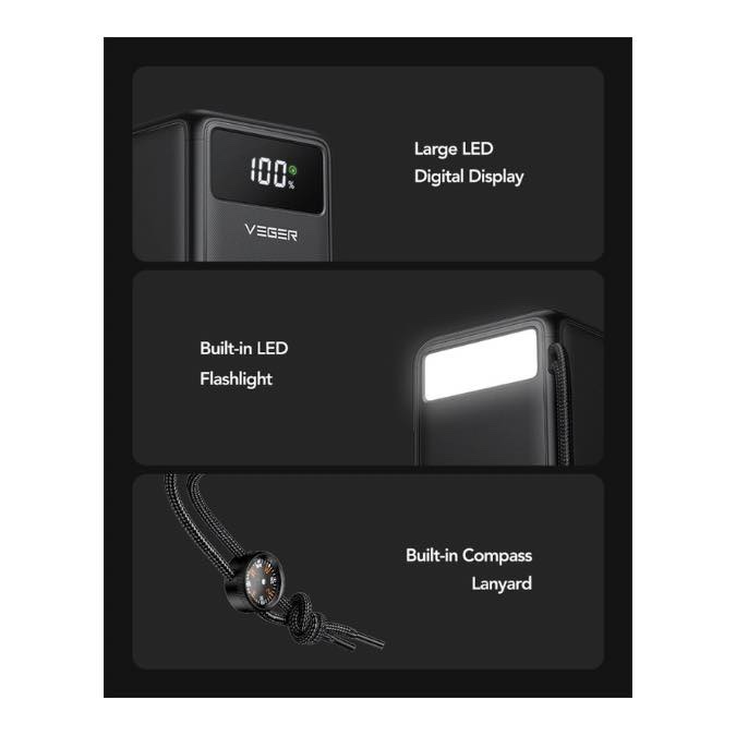 Batterie externe VEGER 50 000 mAh (W5001), Powerbank 100 W PD/QC3.0, chargeur portable haute capacité, charge rapide, USB C, avec câbles, écran LED, 3 vitesses, lampes de poche puissantes et boussole pour l'extérieur – Image 9