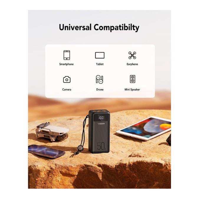 Batterie externe VEGER 50 000 mAh (W5001), Powerbank 100 W PD/QC3.0, chargeur portable haute capacité, charge rapide, USB C, avec câbles, écran LED, 3 vitesses, lampes de poche puissantes et boussole pour l'extérieur – Image 10