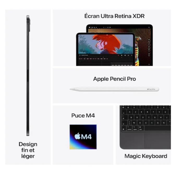 Apple iPad Pro M4 2024 13 pouces : Écran Ultra Retina XDR, 256 Go, Caméra Avant 12 Mpx Horizontale/Appareil Photo arrière 12 Mpx, Wi-FI 6E + 5G - Noir sidéral – Image 4