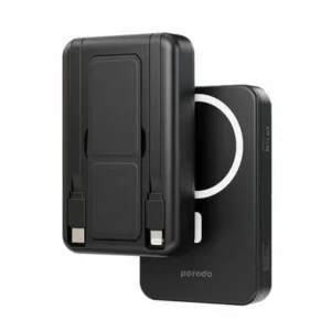 Powerbank Porodo 10000mAh Magsafe – Câbles intégrés Type-C et Lightning – Charge Sans Fil – Support – PD-PBFCH040-BK