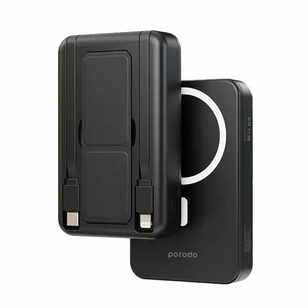 Powerbank Porodo 10000mAh Magsafe – Câbles intégrés Type-C et Lightning – Charge Sans Fil – Support – PD-PBFCH040-BK