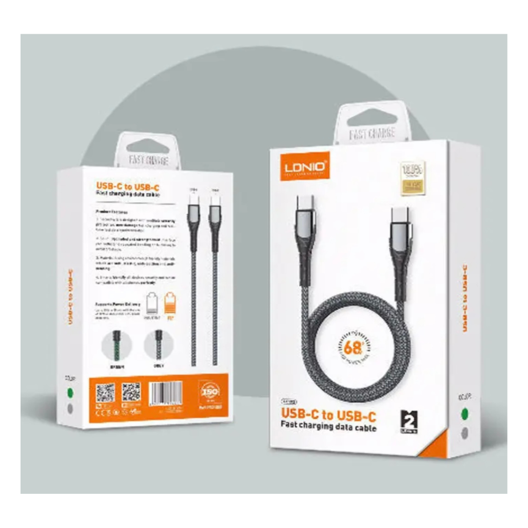 LDNIO LC102 - Câble USB C vers USB C 2 mètres en nylon tressé - charge et transfert de données rapide - supporte 65W - utilisable comme chargeur de PC portable et Manette PS5 - pour téléphone Samsung, Huawei, Xiaomi… – Image 2