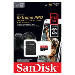 Carte Mémoire microSDXC SanDisk 512 GO Extreme PRO + Adaptateur SD avec Performances Applicatives A2 jusqu'à 200 Mo/s, Classe 10, U3, V30