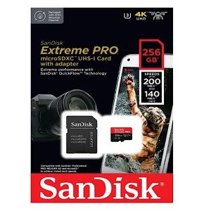 Carte Mémoire microSDXC SanDisk 256 GO Extreme PRO + Adaptateur SD avec Performances Applicatives A2 jusqu'à 200 Mo/s, Classe 10, U3, V30