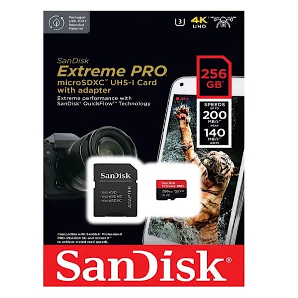 Carte Mémoire microSDXC SanDisk 256 GO Extreme PRO + Adaptateur SD avec Performances Applicatives A2 jusqu'à 200 Mo/s, Classe 10, U3, V30