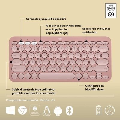 Clavier Sans fil Logitech Pebble Keys 2 K380s - Bluetooth multidispositif, raccourcis personnalisables, fin et portable, Bouton Easy-switch pour Windows, macOS, iPadOS, Android, ChromeOS - AZERTY, Rose – Image 5
