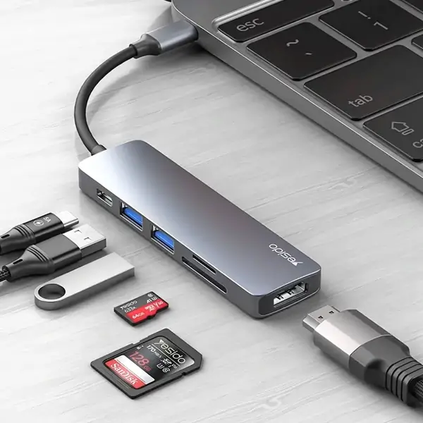 Adaptateur hub USB-C Yesido HB11 – 6 ports et lecteur de carte – Port HDMI 4K