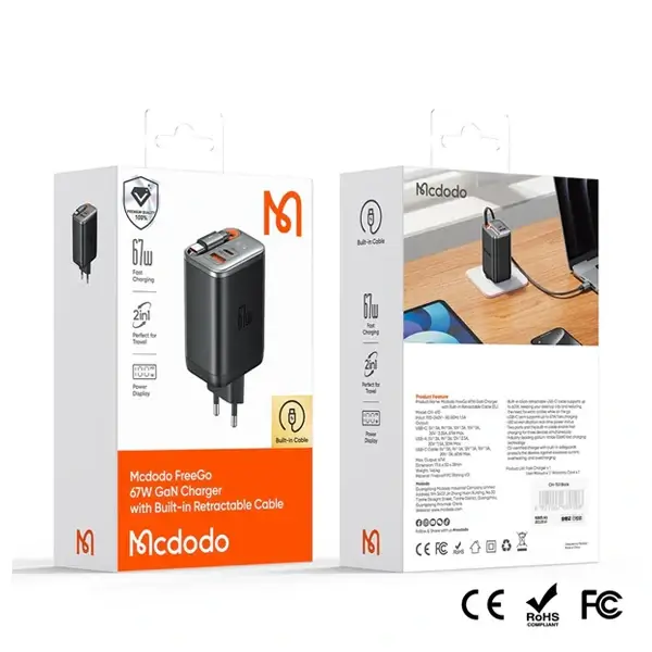 Chargeur Mcdodo 67 W GaN + écran numérique, Câble type‑C intégré et rétractable de 65 cm, MCDODO CH-410 – Image 4