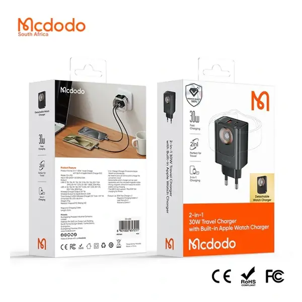 Chargeur compact détachable 2en1 pour iPhone avec chargeur Apple Watch – 1 port type-C – 1 port USB – Chargeur par induction – 30W – Mcdodo CH-730 – Image 4