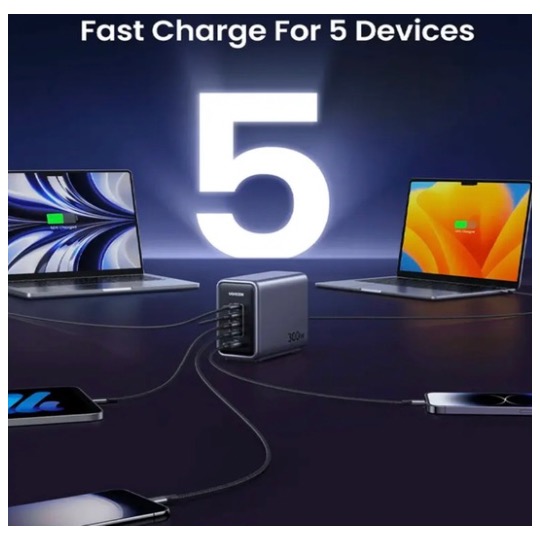 Chargeur Ordinateur Portable USB-C Nexode 300 W, Boitier de charge, station de recharge à 5 ports, GaN compatible a MacBook Pro/Air, Dell XPS, iPhone 16/15, Galaxy S25/S24, iPad Air/Pro, Pixel 9, Steam Deck - UGREEN CD333 90903B – Image 5