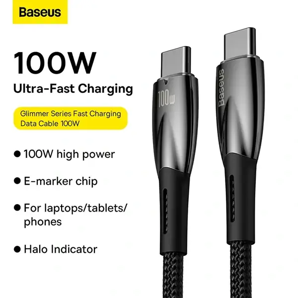 Câble de charge rapide et de transfert de données Baseus Glimmer – Type-C vers type-C – 1m – 100W – 480Mbps – CADH000703 – Image 2