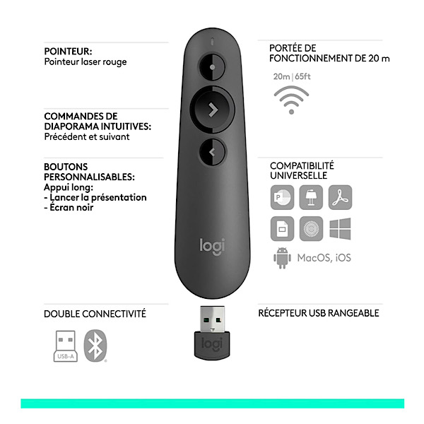 Logitech R500s de classe 1 Bluetooth et USB Télécommande de présentation laser/ Télécommande de présentation - Compatibilité universelle, portée de 20 m, personnalisable - Gris foncé – Image 6