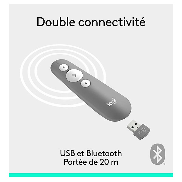 Logitech R500s de classe 1 Bluetooth et USB Télécommande de présentation laser/ Télécommande de présentation - Compatibilité universelle, portée de 20 m, personnalisable - Gris clair – Image 4