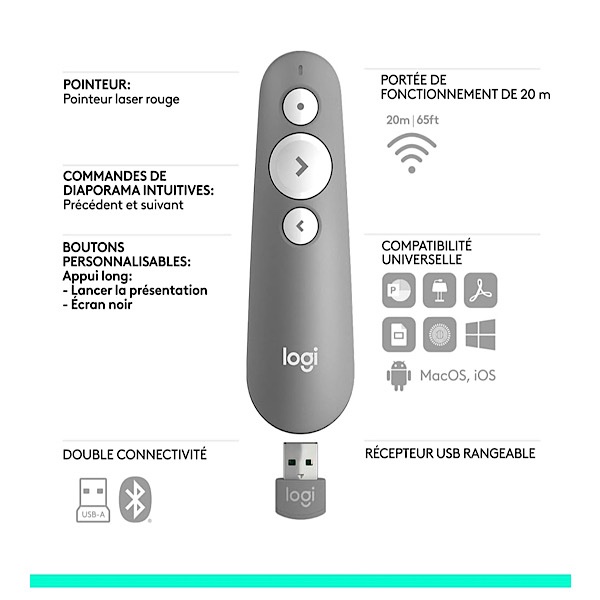 Logitech R500s de classe 1 Bluetooth et USB Télécommande de présentation laser/ Télécommande de présentation - Compatibilité universelle, portée de 20 m, personnalisable - Gris clair – Image 6
