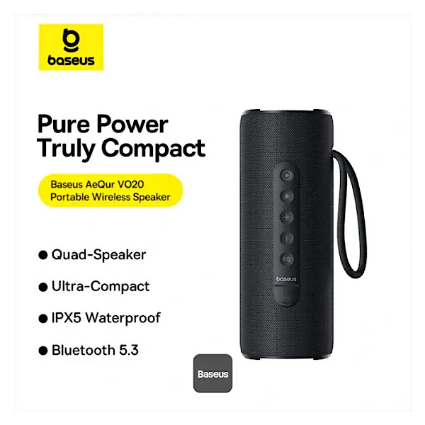 Baseus AeQur VO20 - Enceinte portable sans fil, Bluetooth, Portée jusqu’à 10m, IPX5, Son immersif à 360° avec basses renforcées, Rétroéclairage RGB coloré – Image 2