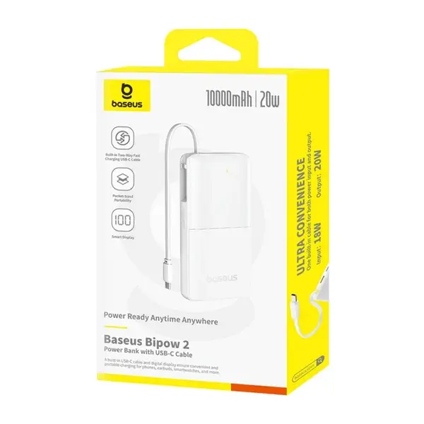 PowerBank à charge rapide Baseus Bipow 2 – 10000mAh – 20W – 1 câble type-c intégré – 1 support USB et 1 support type-c – Indicateur LED numérique pour suivre le niveau de batterie – Blanc – P10077101213-00 – Image 3
