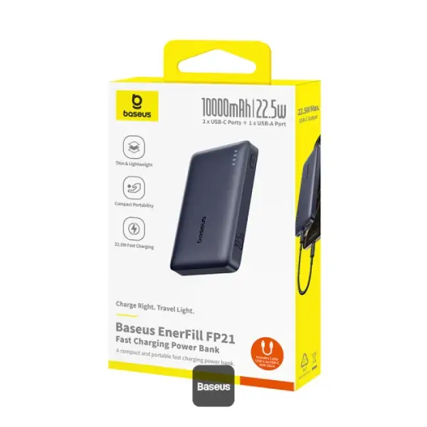 PowerBank à charge rapide Baseus EnerFill FP21 – 10000mAh – 22,5W – 1 support USB et 2 supports type-c – Indicateur lumineux pour suivre le niveau de batterie – Noir – Image 3