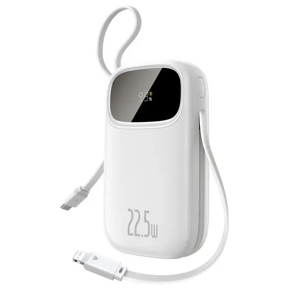PowerBank à charge rapide Baseus QPow 3 – 20000mAh | 22,5W – 2 câbles Type-C et Lightning intégrés, indicateur LED numérique pour suivre le niveau de batterie – Blanc