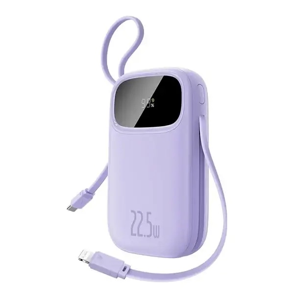 PowerBank à charge rapide Baseus QPow 3 – 20000mAh | 22,5W – 2 câbles Type-C et Lightning intégrés, indicateur LED numérique pour suivre le niveau de batterie – Violet