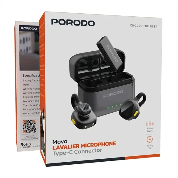 Micro cravate sans fil Movo Lavalier Porodo – 5h d’autonomie, Connecteur Type-C, Réduction de bruit, 15m – PDLAMPHF76BK – Image 3