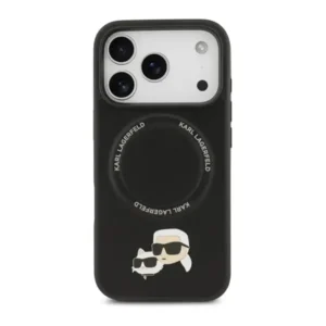 Coque pour iPhone 17 Pro Max - coque de téléphone en PU, Karl Lagerfeld avec épingles tête de Karl et choupette – MagSafe – Protection des rayures et autres dommages – KLOHMP17XPSMLRKCK