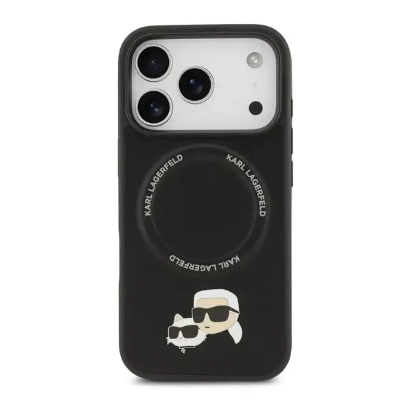 Coque pour iPhone 17 Pro Max - coque de téléphone en PU, Karl Lagerfeld avec épingles tête de Karl et choupette – MagSafe – Protection des rayures et autres dommages – KLOHMP17XPSMLRKCK
